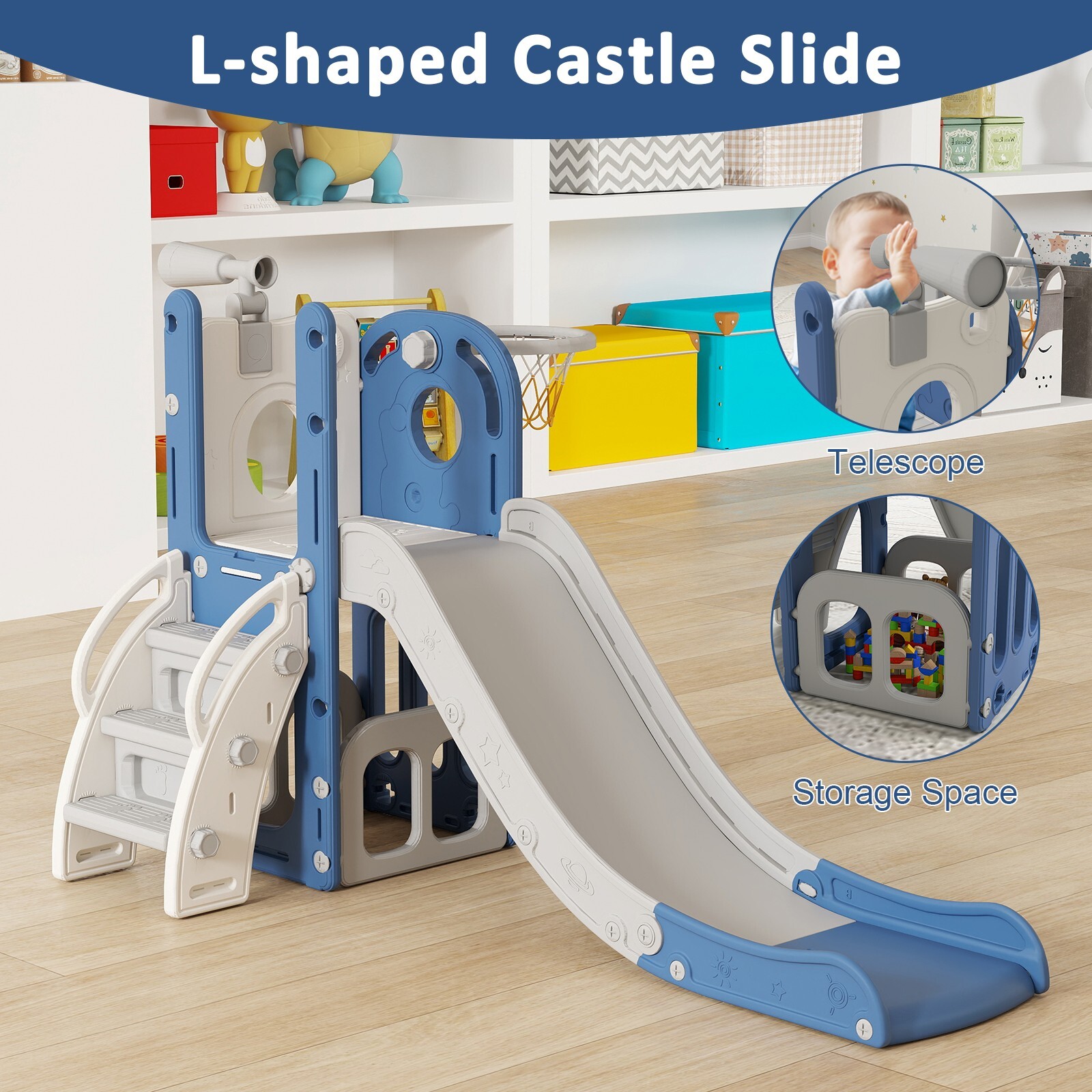 6 in 1 Toddler Playset Slide for Toddlers Age 1-3, Toddler Playground Blue