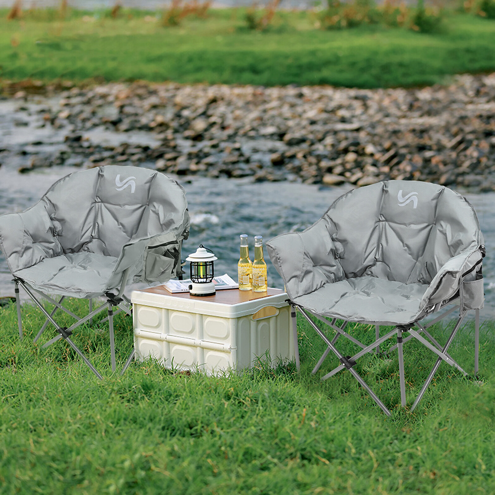 Oversized Heavy-Duty Club Folding Camping Chair w/ Pocket Moon, Round, Saucer