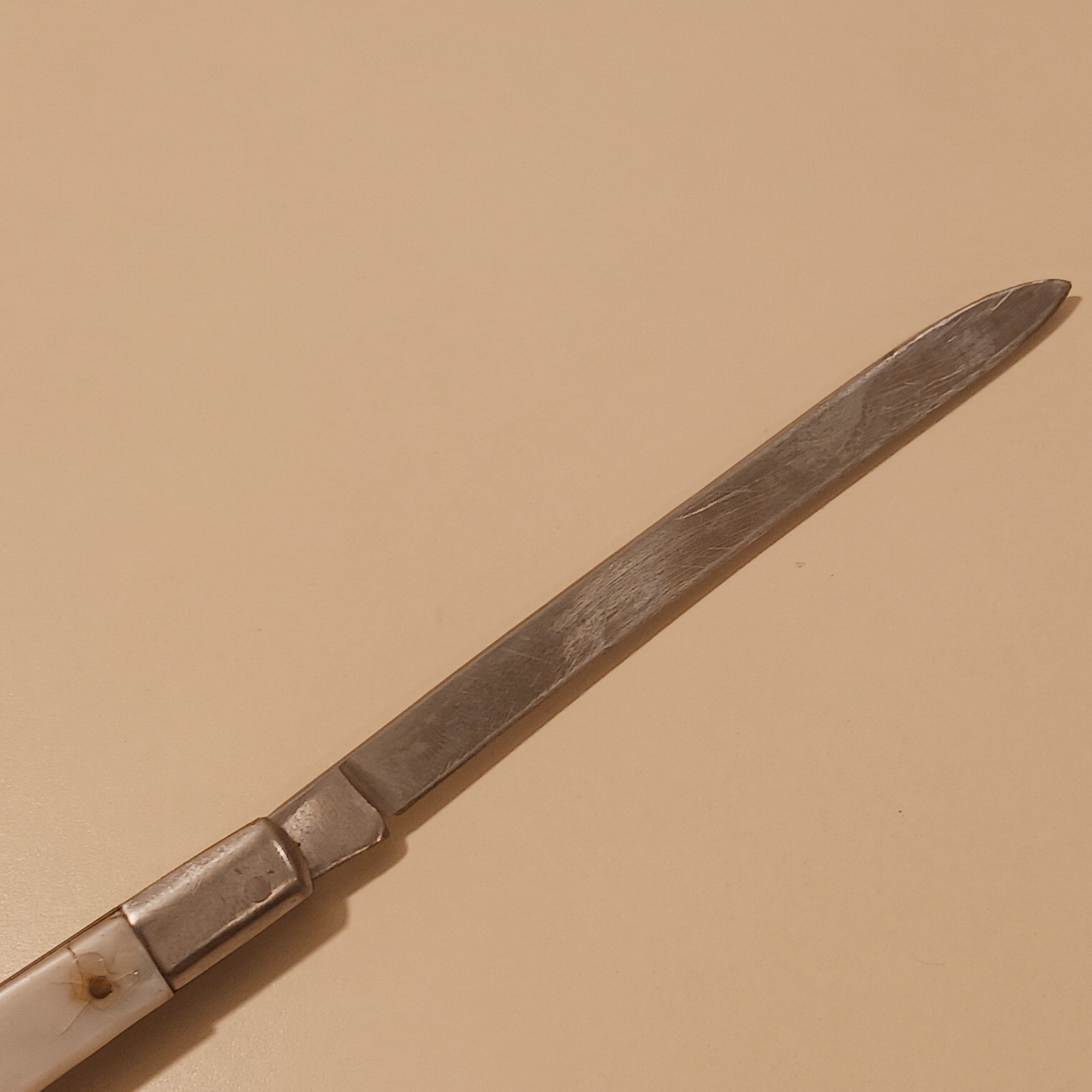 Sabre Stainless Steel Japan 677 Folding Fruit Melon Knife White Celluloid Handle