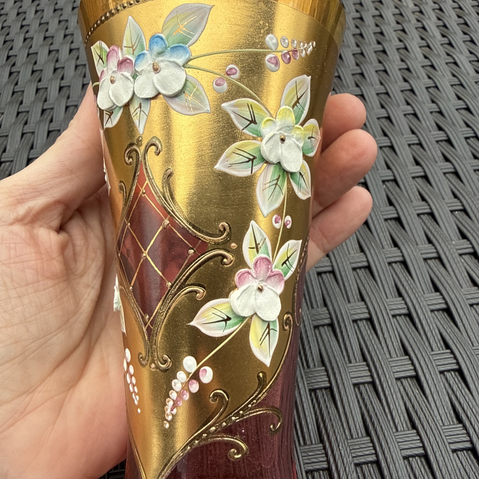 BOHEMIA CZECH REPUBLIC GOLD HIGH ENAMEL CRANBERRY HANDMADE CRYSTALEX VASE