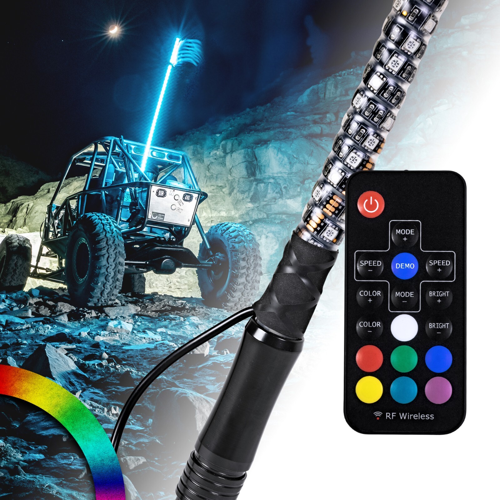 3ft RGB LED Spiral Whip Light Antenna with Flag & Remote for ATV UTV Polaris RZR