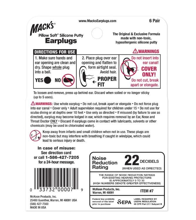 Mack's Pillow Soft Silicone Earplug Noise Reduction Snore Proof 6 Pairs - 3 Pack