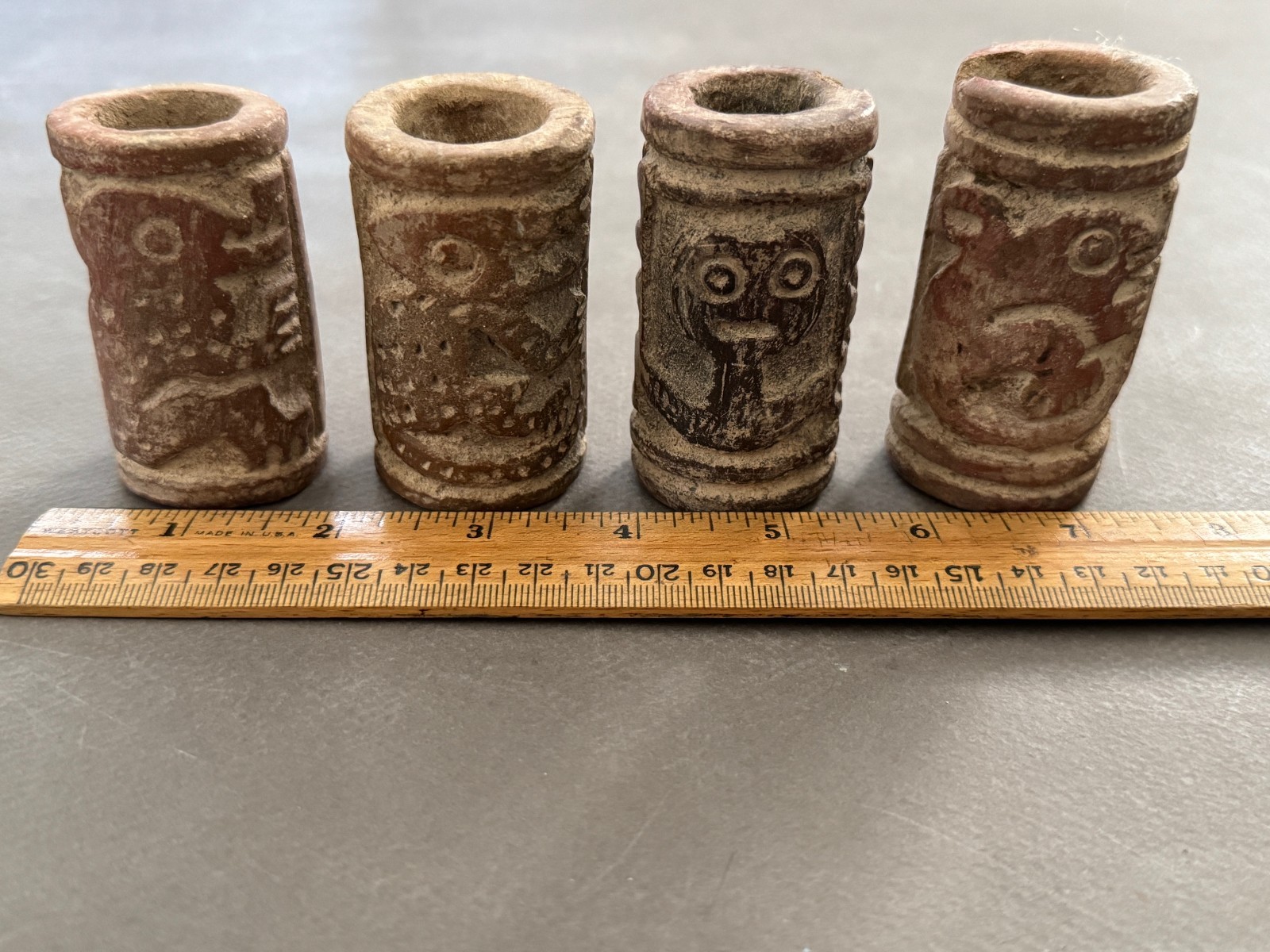 LOT OF 4 LATIN AMERICAN ANIMAL POTTERY CLAY ROLLER STAMPS CYLINDER SEALS ANTIQUE