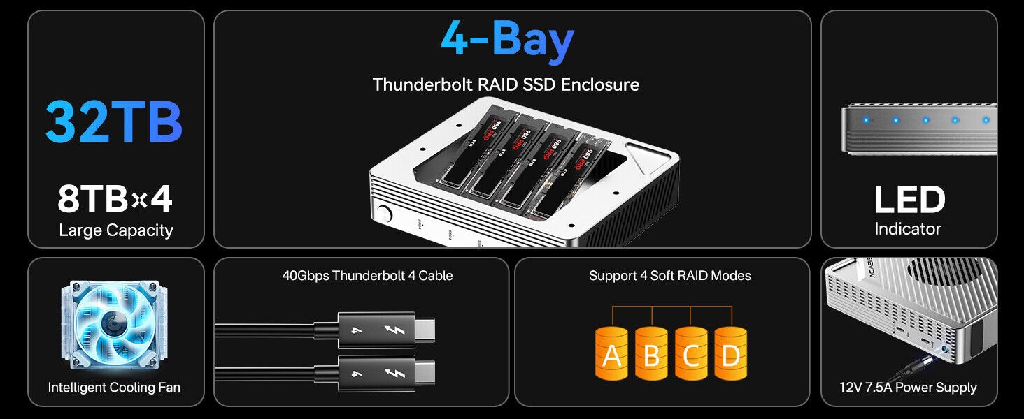 Acasis 4 Bay 40Gbps M.2 NVMe RAID SSD Enclosure Compatible with Thunderbolt 4/3