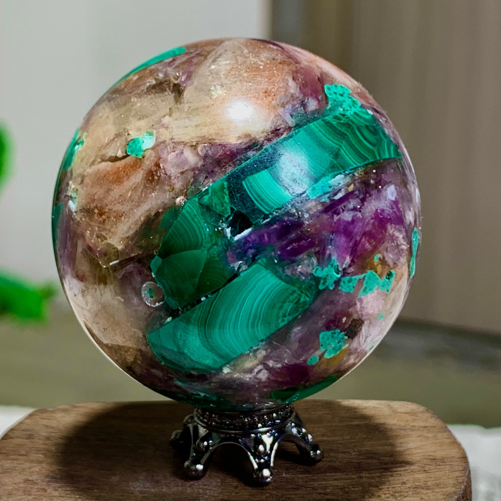 102G Newly discovered rare malachite purple mica symbiotic sphere restoration
