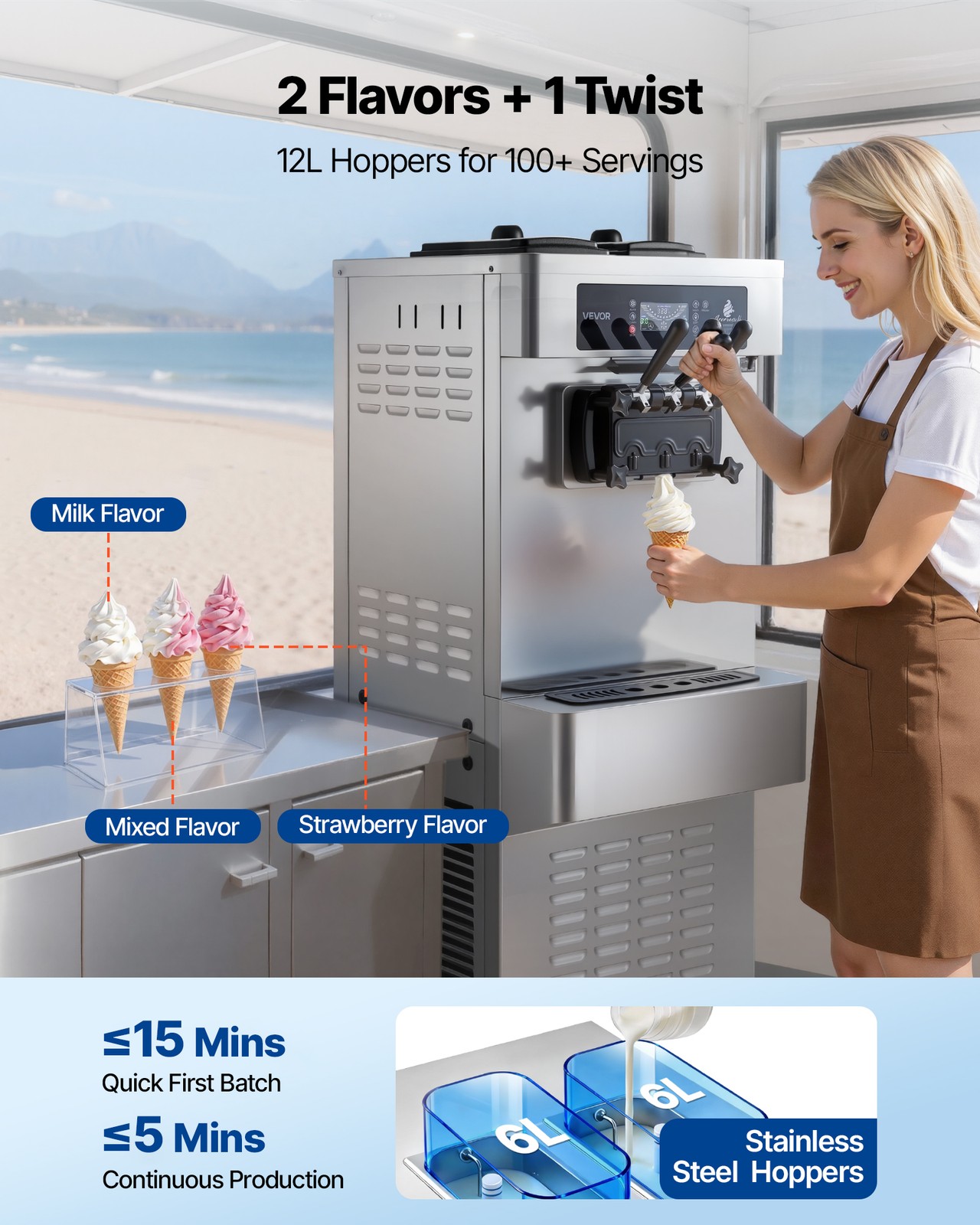 VEVOR Commercial Ice Cream Machine 2200W 3-Flavor Soft Serve Ice Cream Maker