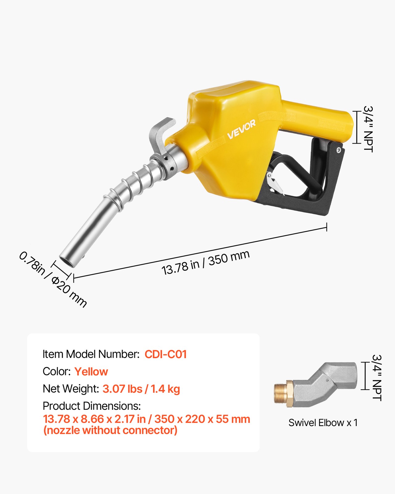 VEVOR 3/4 in NPT Automatic Fuel Nozzle 0.78 in Spout Auto Shut Off Gas Nozzle
