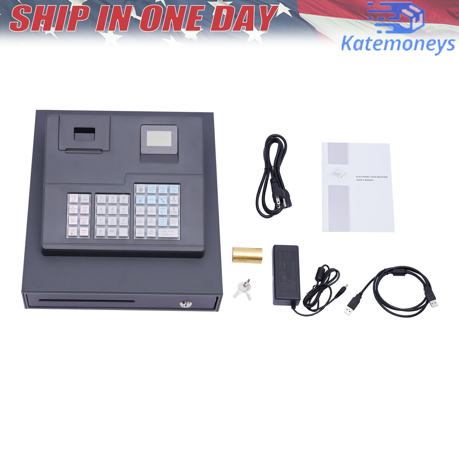38 Keys Electronic Cash Register Black Thermal Cash Register with Cash Drawer