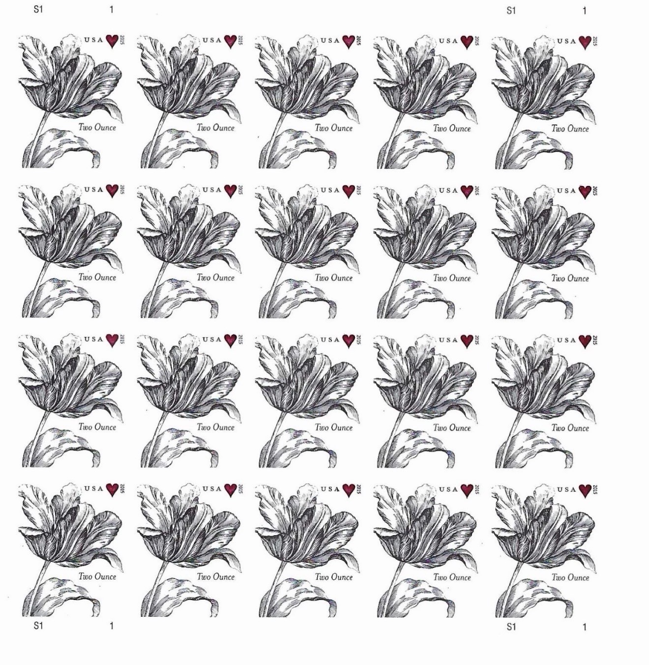 2015 USPS SHEET OF 20 TWO OUNCE STAMPS VINTAGE WEDDING TULIP 1.07¢