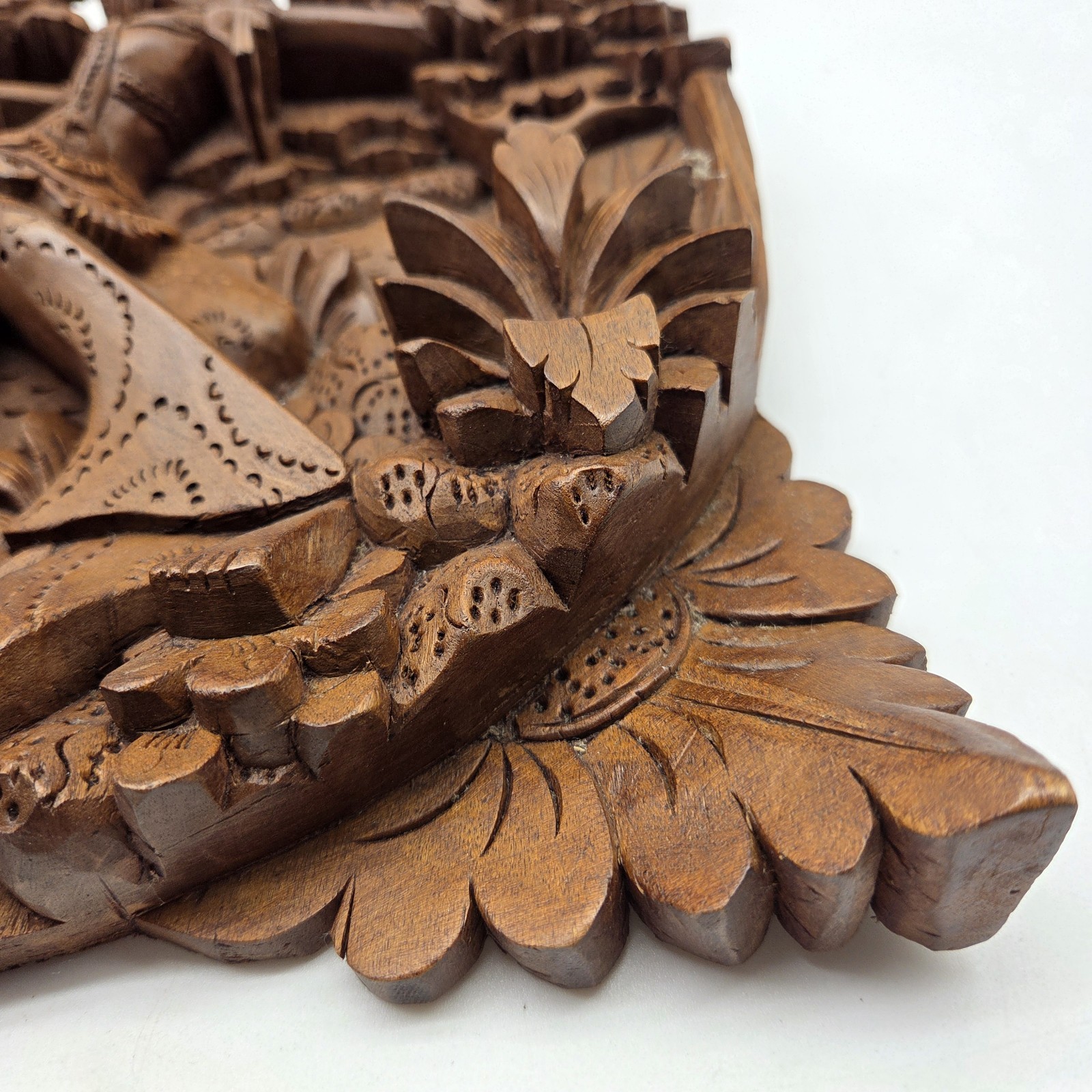 Balinese Bali Hand Carved Wood Relief Wall Art Dancers Floral 12"x11" Vintage