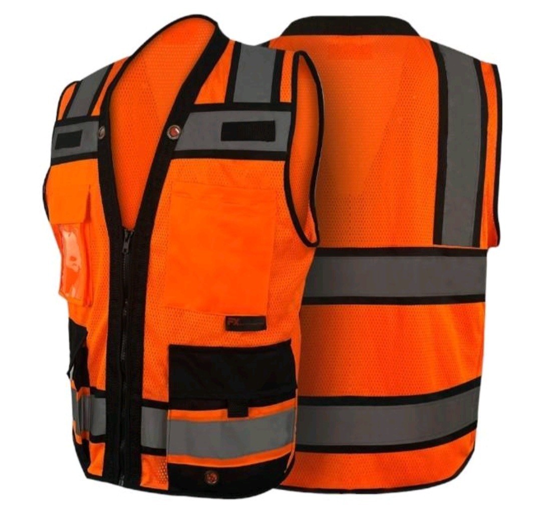 Orange Heavy Duty Surveyors Safety Vest with Zipper, Large Plan Pocket