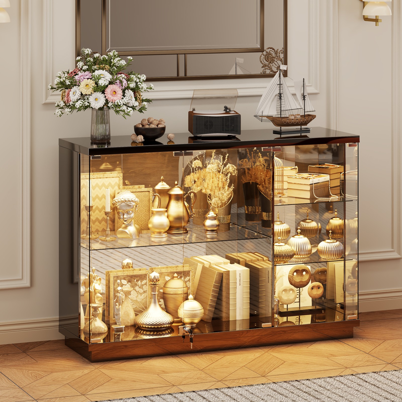 Gurexl Glass Display Cases with Human Sensor and 3 Color Lights for Collectibles