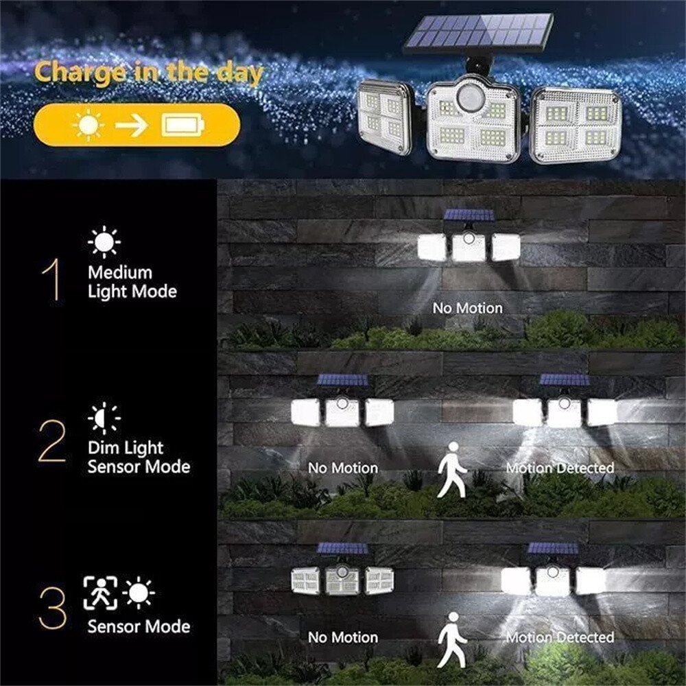 3 Head 50000LM LED Solar Lights Outdoor Waterproof Motion Sensor Security Lamp