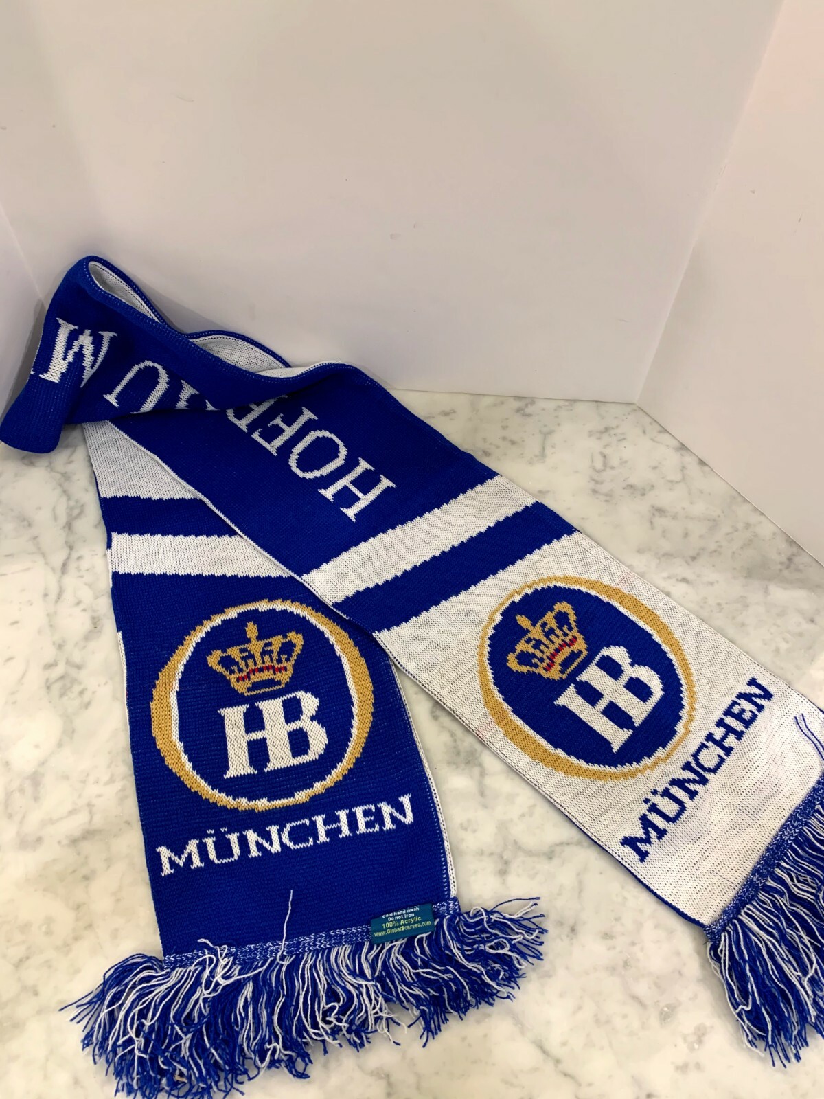 NEW Hofbrau Munchen Brewery Beer Scarf Reversible Blue and White 61” L x 7.5” W