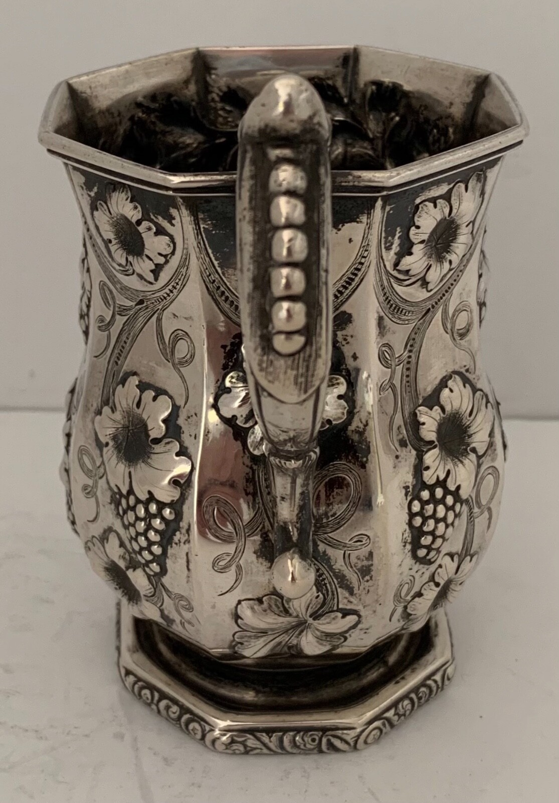 MONSTER AMERICAN COIN SILVER CHASED GRAPES & THISTLES 10.8 OZT CUP R RAIT 1850