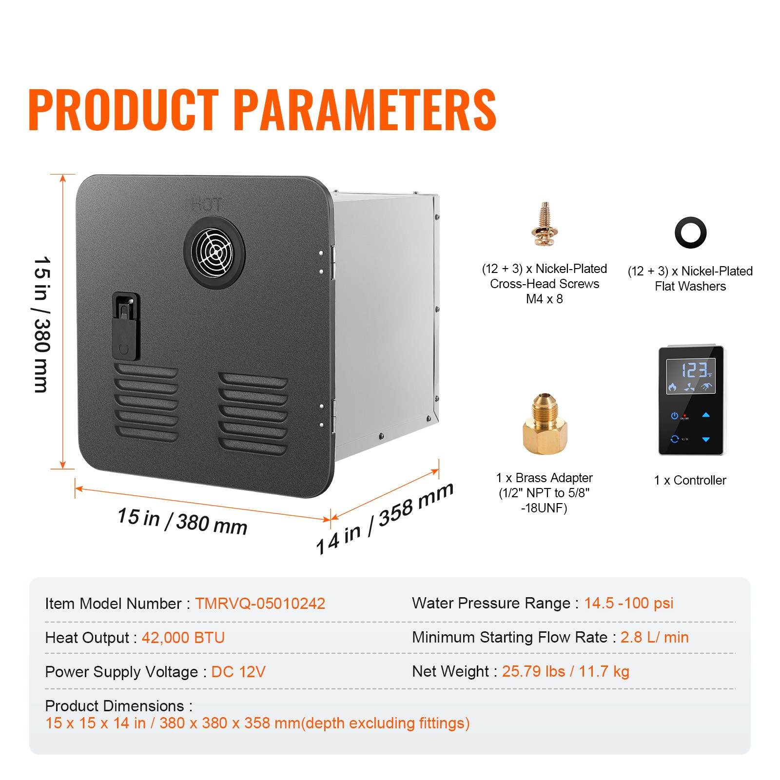 RV Tankless Water Heater 15x15 in Propane Gas 42000BTU with Controller