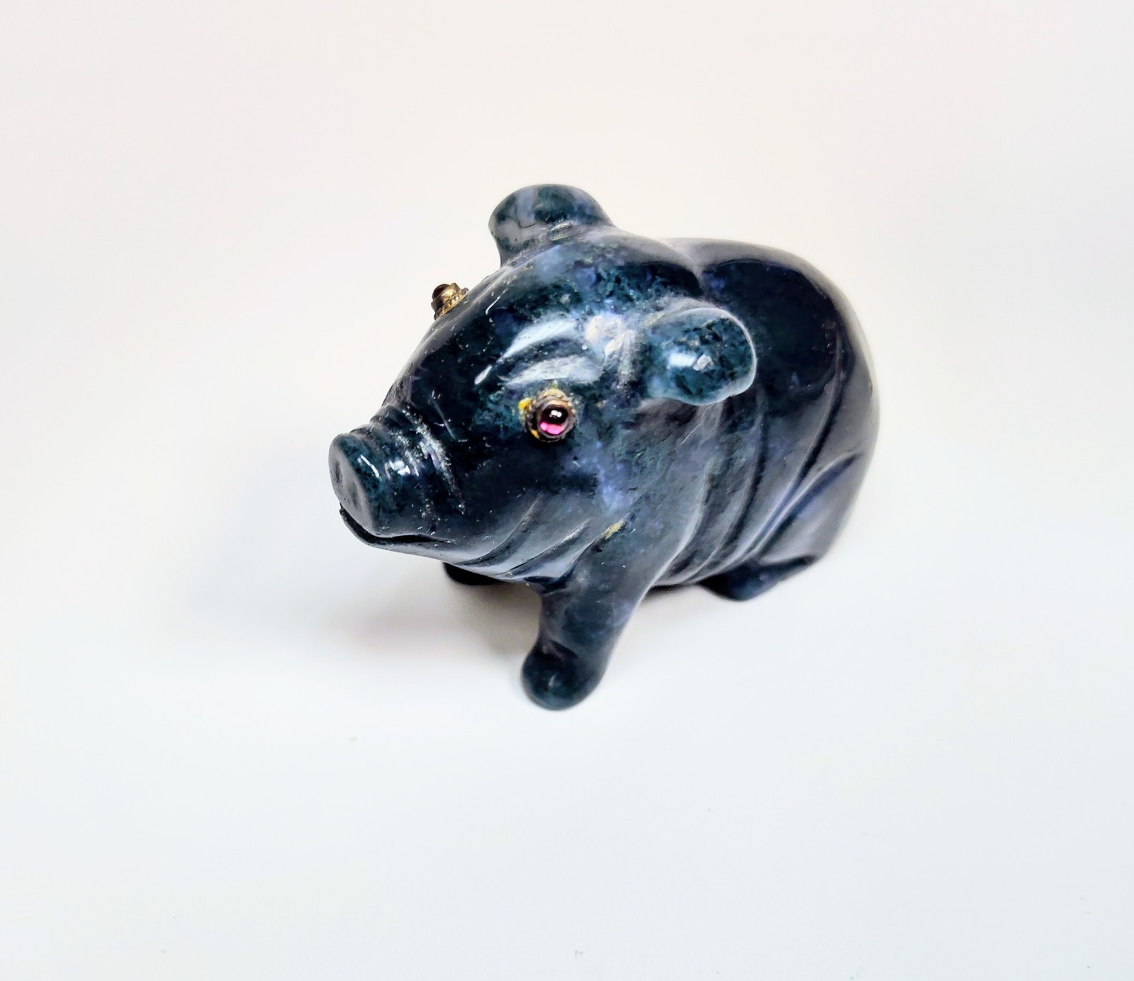 Antique 1920s Hand-Carved Blue-Green Aventurine Pig with Bezel-Set Garnet Eyes