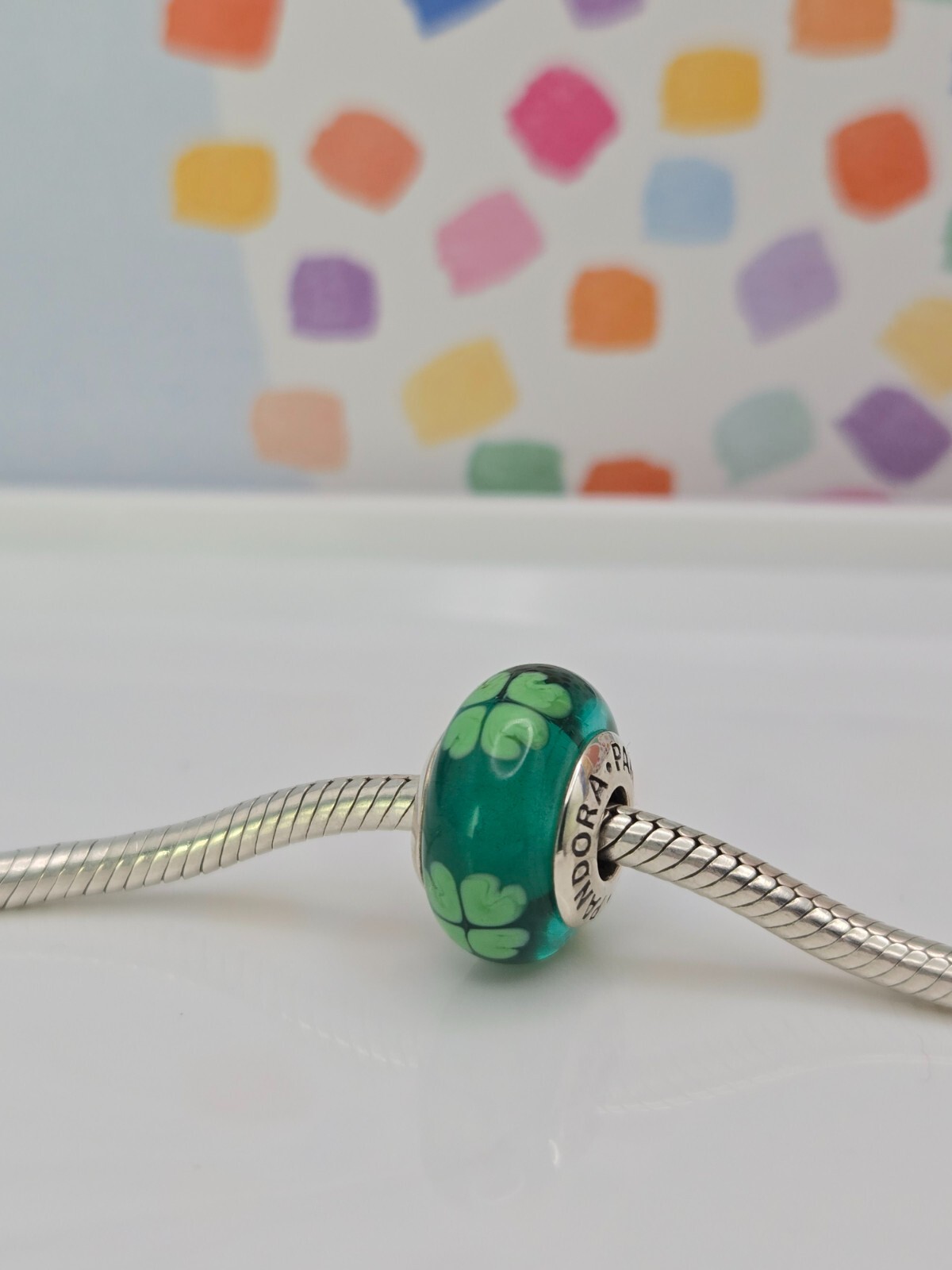 Authentic Pandora Green Lucky Clover Murano Silver Bead glass moments Charm