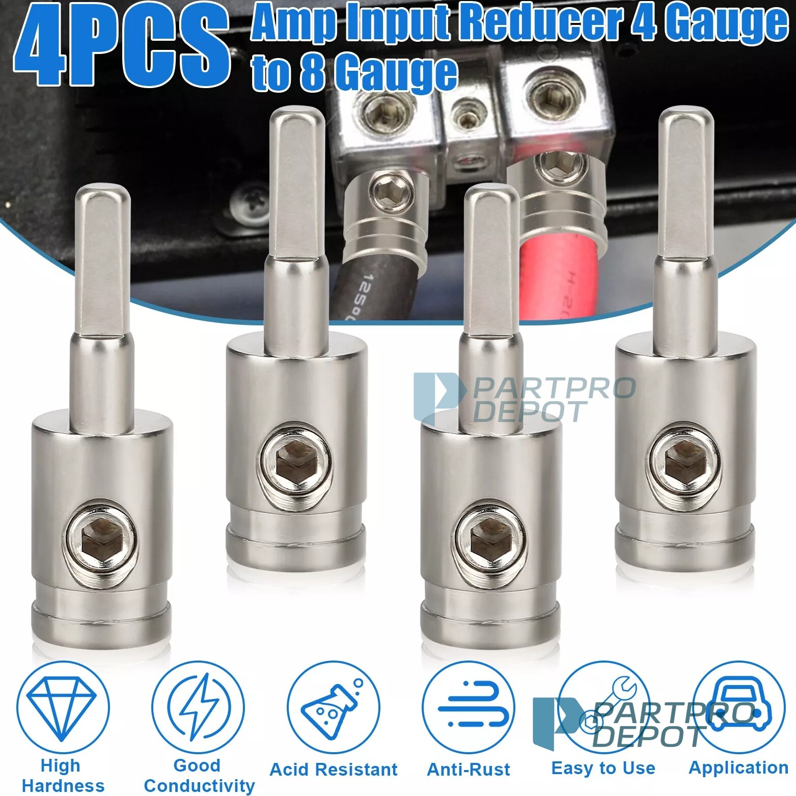 4X 4 Gauge to 8 Gauge Amp Input Reducer Wire Reducer Power/Ground Input Reduce