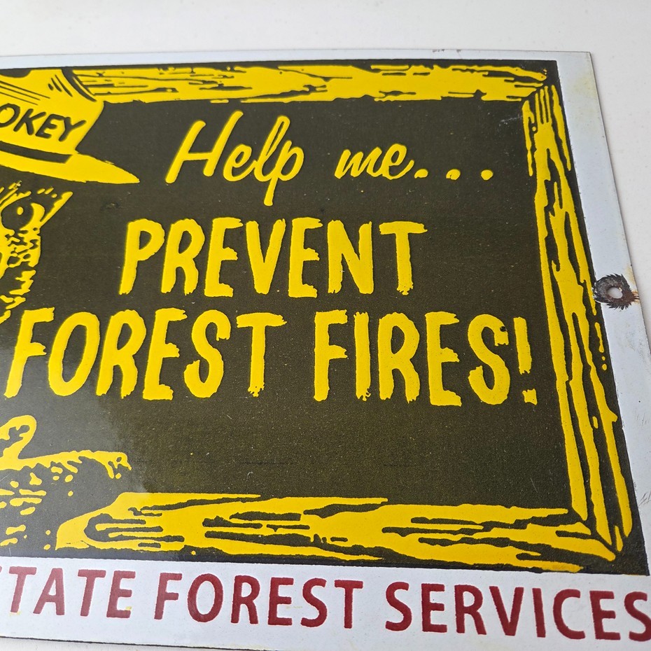 Vintage USA Forest Service Sign - Smokey the Bear Hiking Gas Porcelain Sign