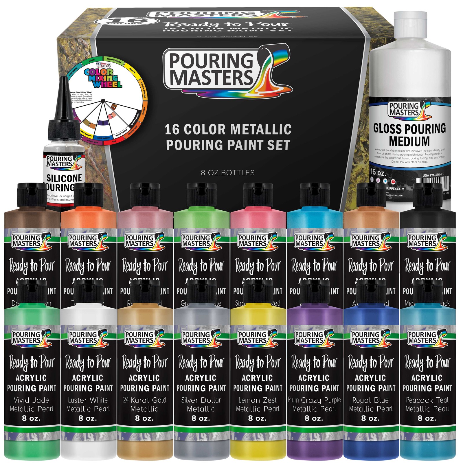 16-Color Ready to Pour Acrylic Metallic Pouring Paint Set, Silicone Oil & Gloss