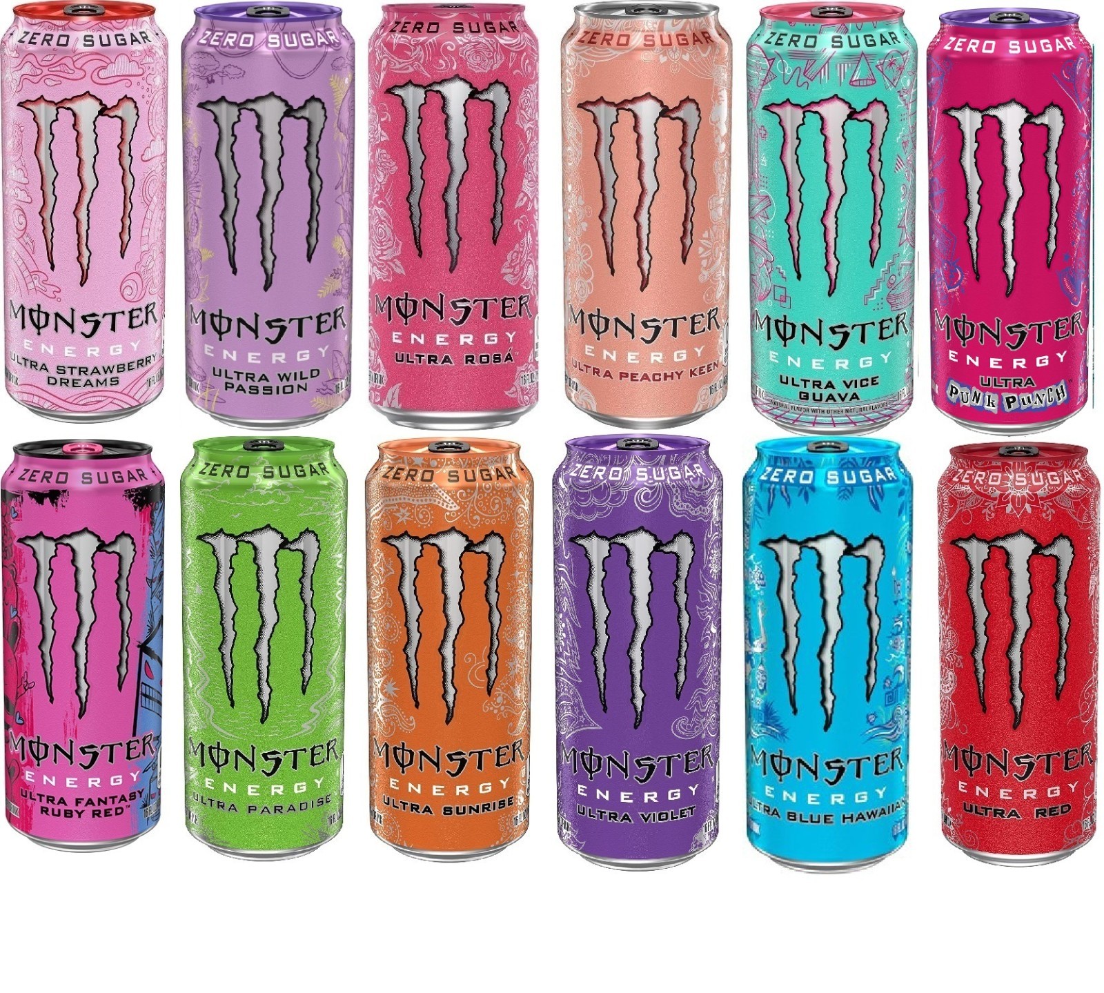 Monster Zero Ultra Energy Drinks, ALL FLAVORS. 16oz -12 Pack, Try A Variety Pack