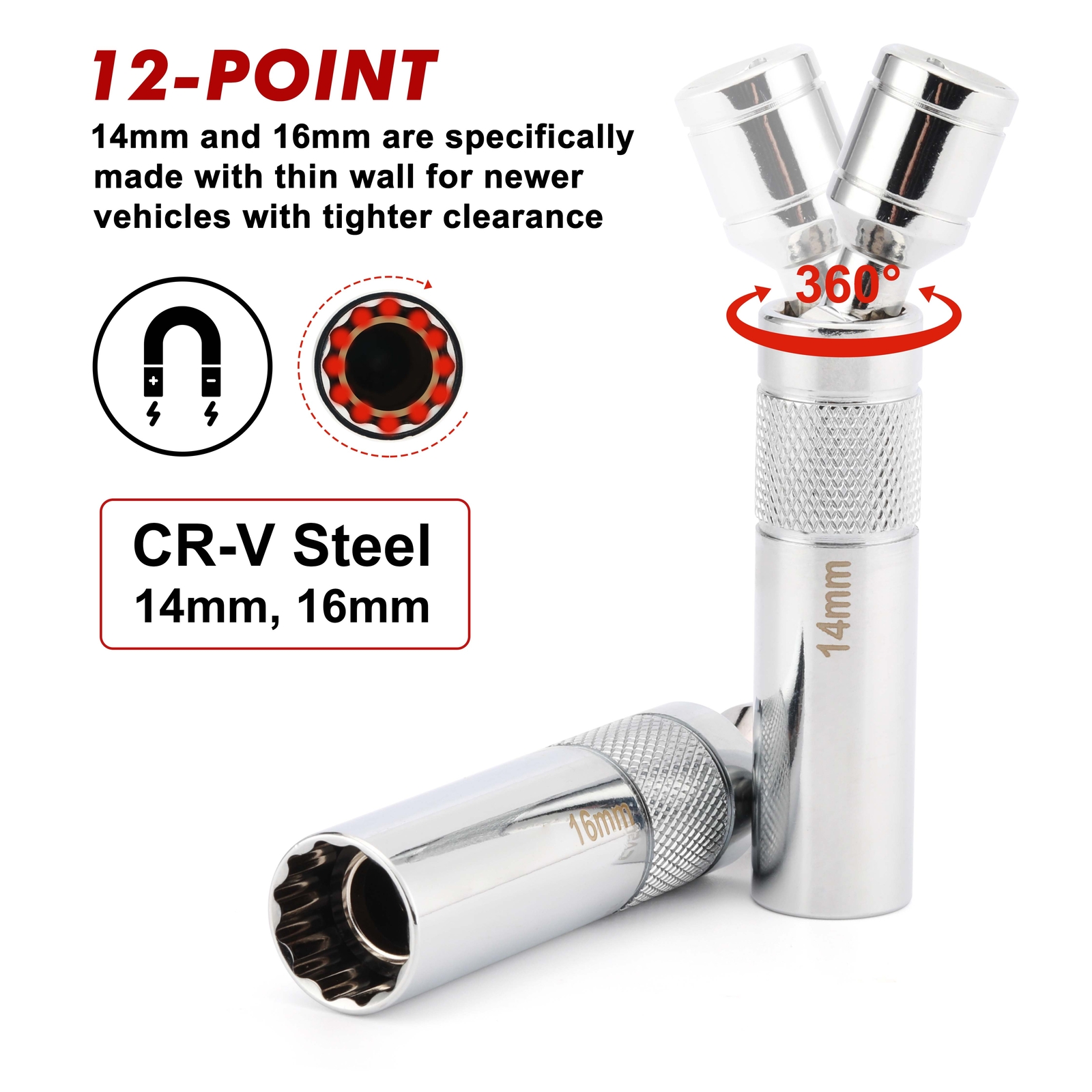 0PCS 3/8"Drive Magnetic Spark Plug Socket Set, 6PT&12PT Extension Bar CR-V Steel