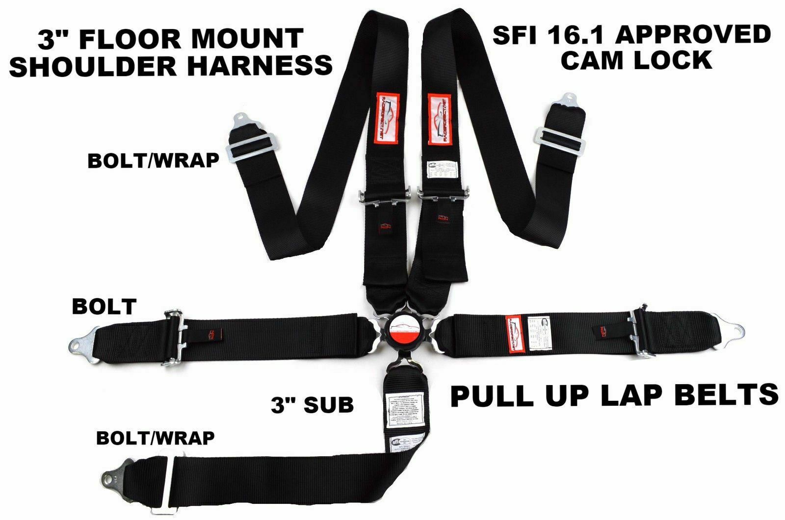 SFI 16.1 RACING HARNESS 5 PT PULL UP LAP BELTS FLOOR MOUNT 3" CAM LOCK BLACK