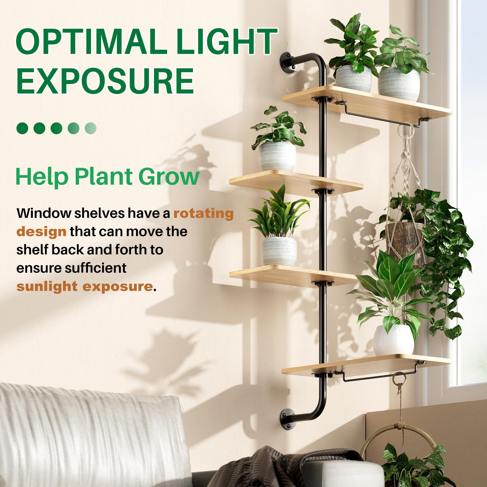 DELLAN 4-Tier Rotating Window Plant Shelf Wall Mounted Indoor Hanging Plants