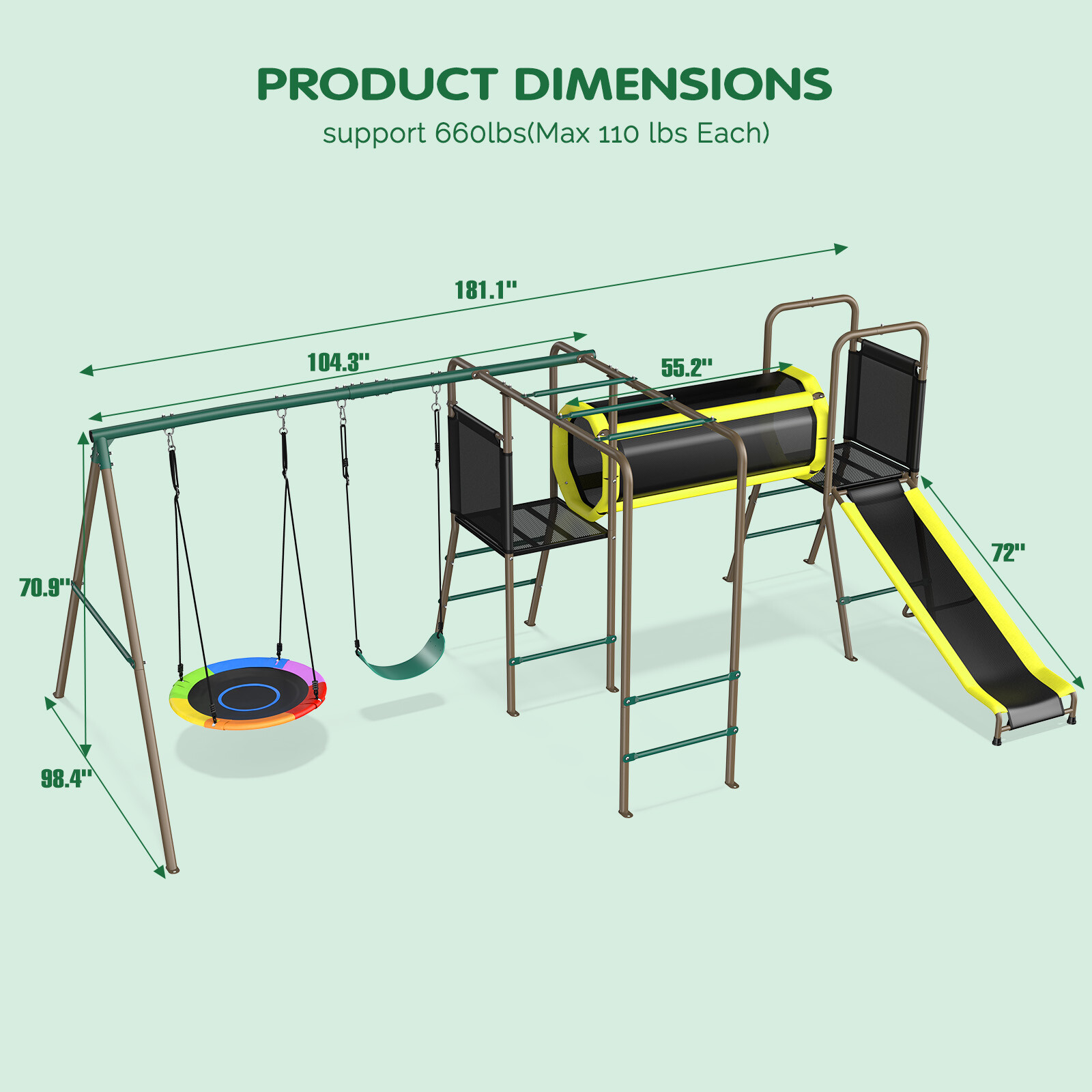 Metal Swing Set Playground Set with 2 Swing, Monkey Bar, Climbing Ladder & Slide