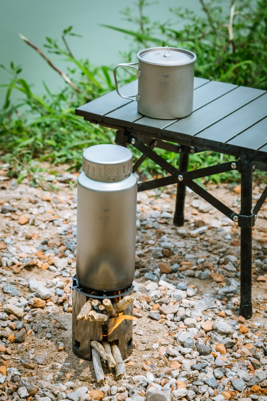 Keith Titanium Ti3070 Nesting Camp Set - Plastic-Free Bottle, Mug & Wood Stove
