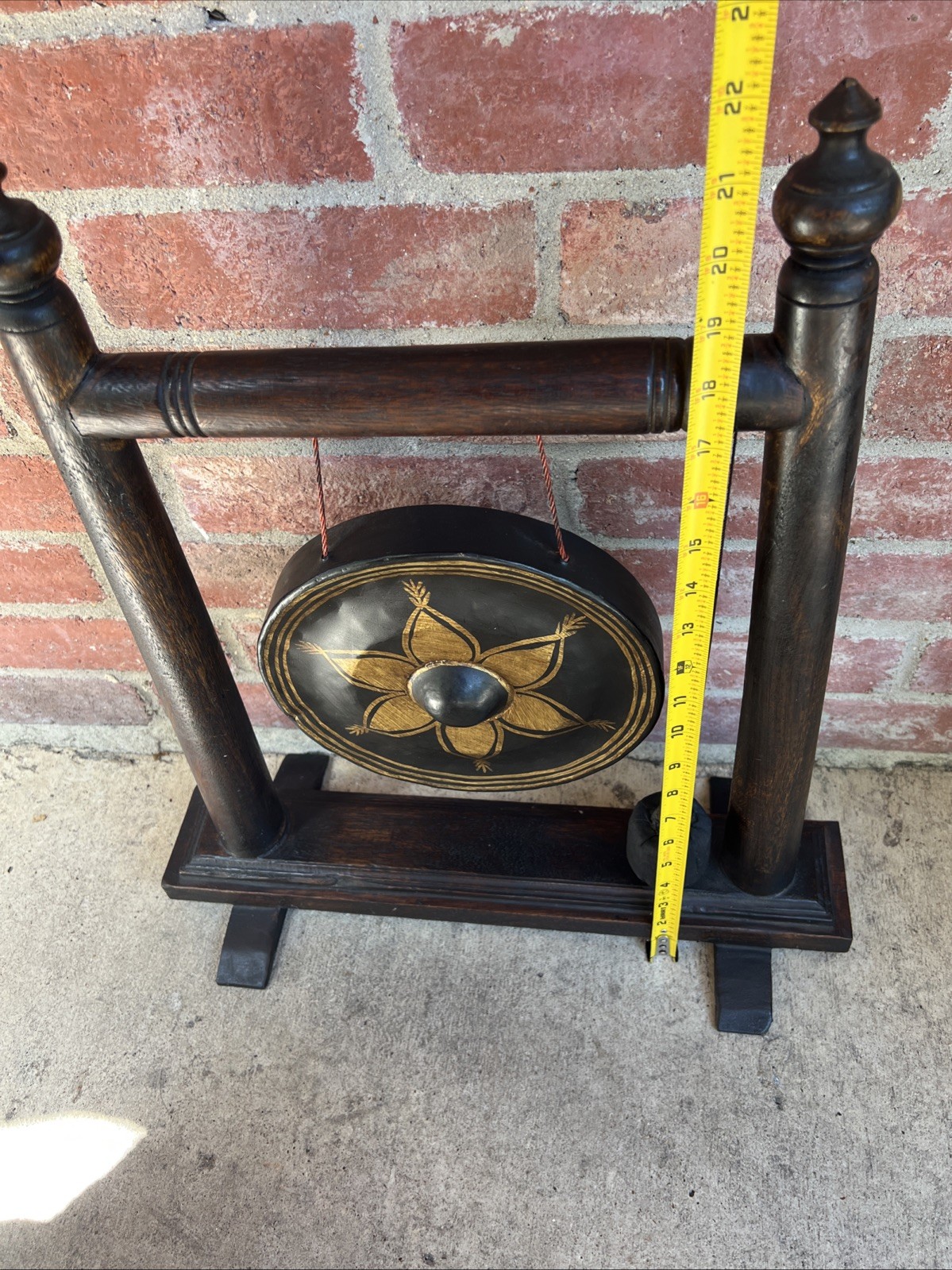 Vintage Thai-Style Temple Gong on Wood Stand 22” w/ Mallet Buddhism Decor
