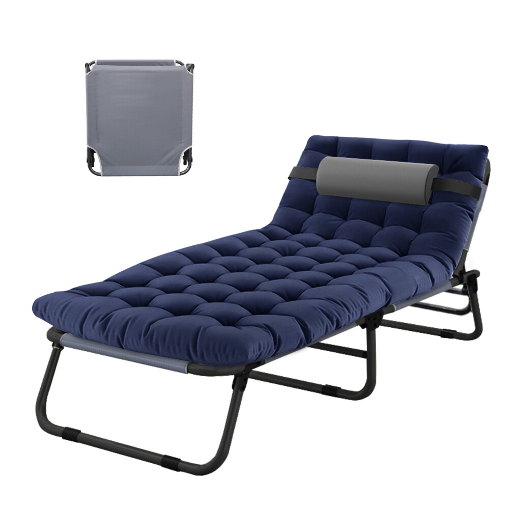 Slsy Folding Camping Cot 4-Position Outdoor Chaise Lounge Gray Pad Side Pockage