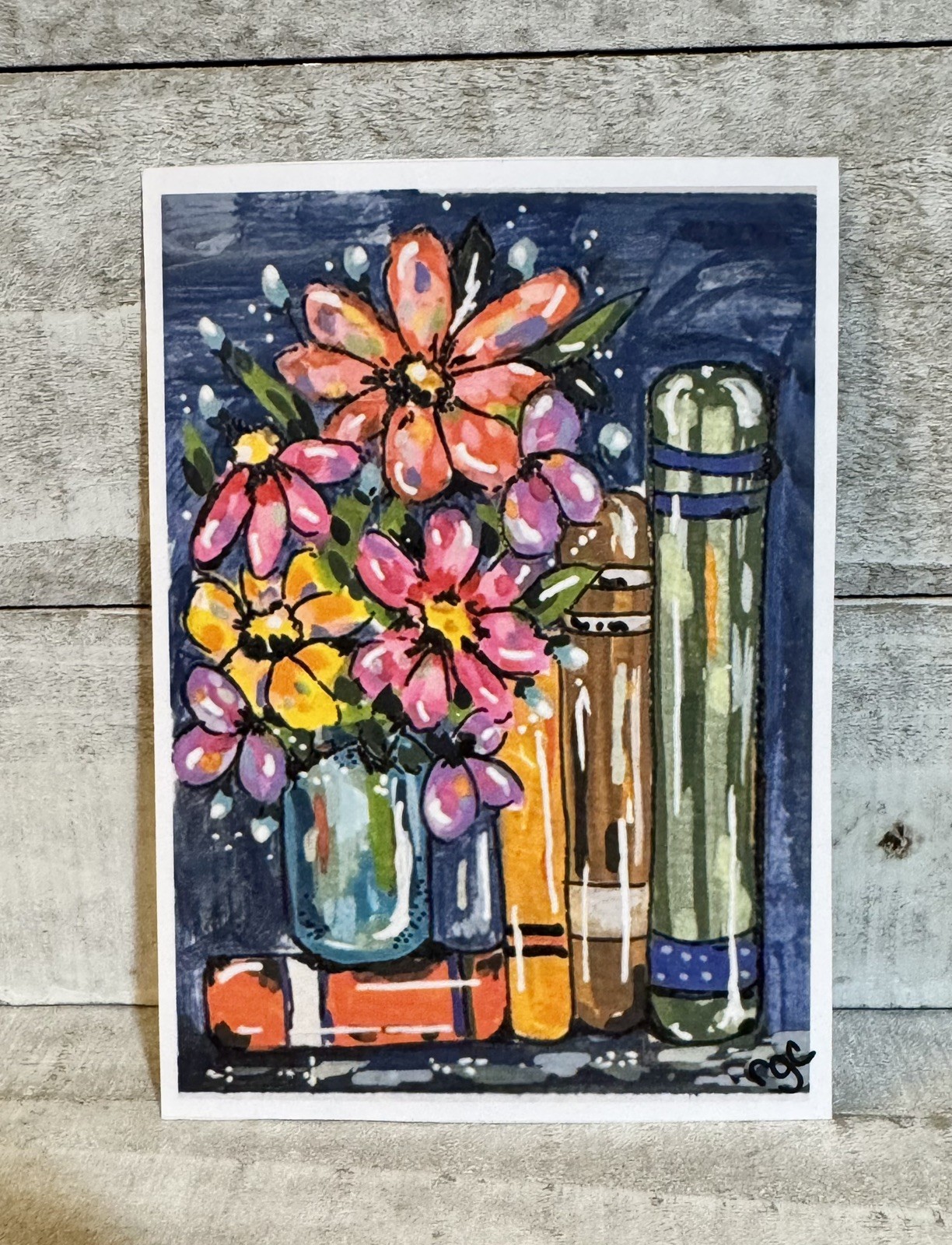 ACEO Original PRINT Flowers and Books, Colorful flower aceo, Floral Books