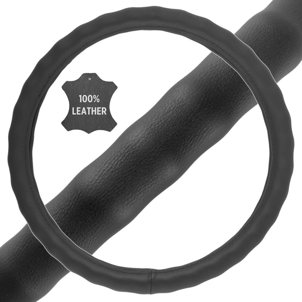 Genuine Leather Steering Wheel Cover for Car SUV Truck Large 15"-16" Black