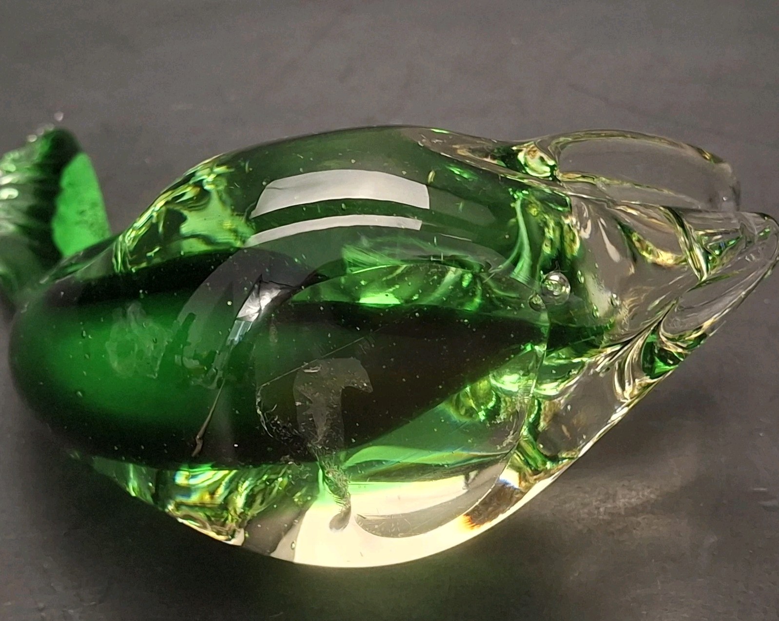 Vintage Green Glass Fish Sculpture Murano Paperweight Made in Italy Sunken Eyes