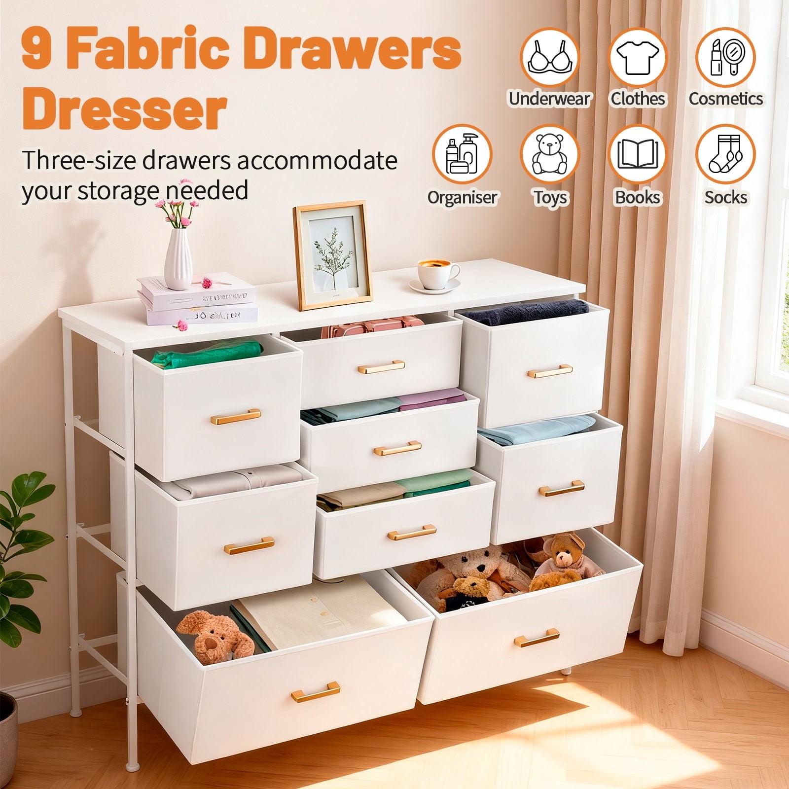 Dresser 9 Fabric Drawer Storage Dresser for Bedroom Chest Storage Tower