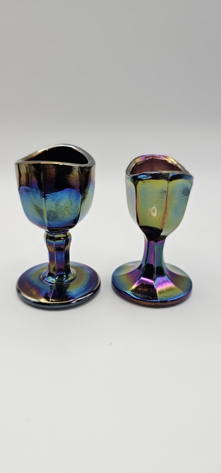 Lot 2 VTG Carnival Glass Eye Wash Cups Iridescent Optical Medical Amethyst