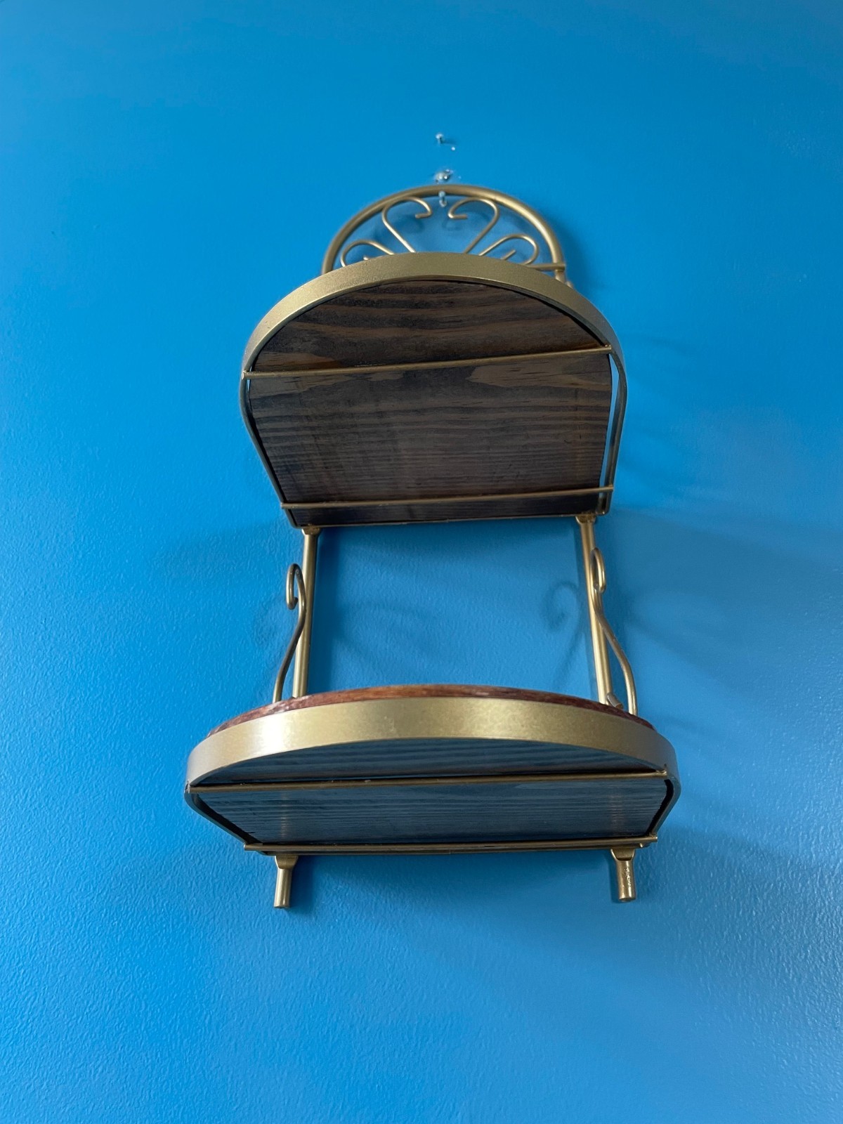 ReinVintaged Farmhouse Scroll Gold Metal & Pine Wooden 2 Tier Wall Shelf 15"