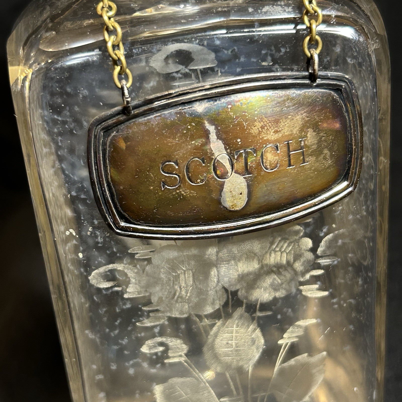 Antique Edwardian Etched Crystal Decanter “Scotch” Silverplate Plaque England