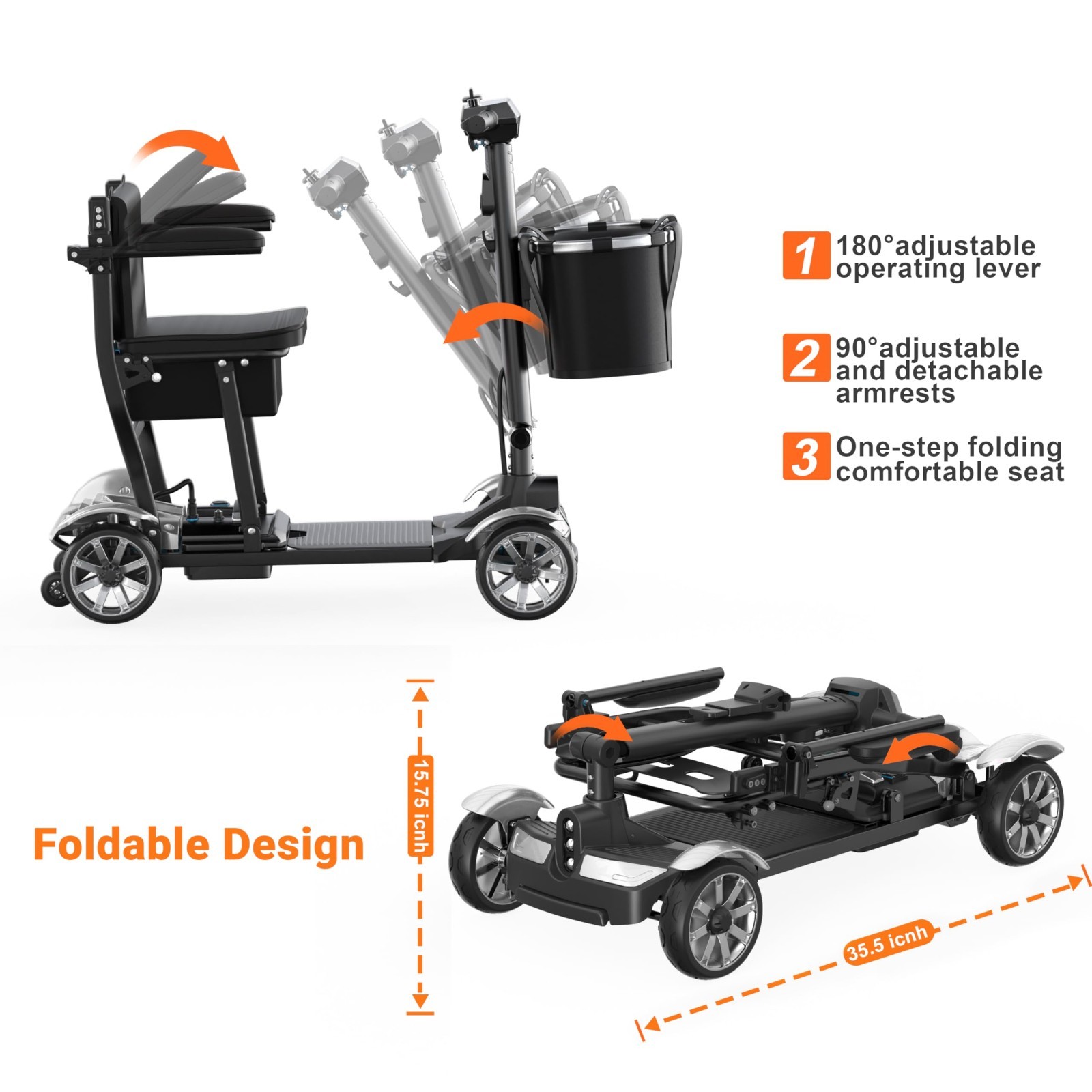 38LBS Foldable 4 Wheel Mobility Scooter for Seniors Lightweight Airline Approved