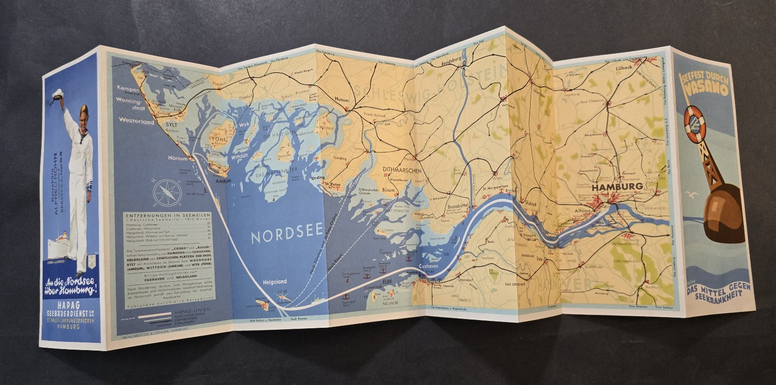 WW2 WWII German HAPAG Nordsee Map Brochure Hamburg Helgoland Travel Foldout 1933