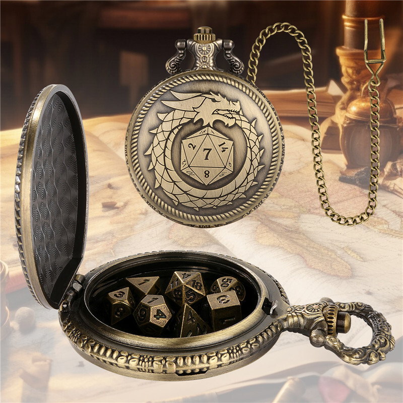 7Pcs Dnd Dungeons & Dragons Polyhedral Dice Set in Dragon D20 Pocket Watch Case
