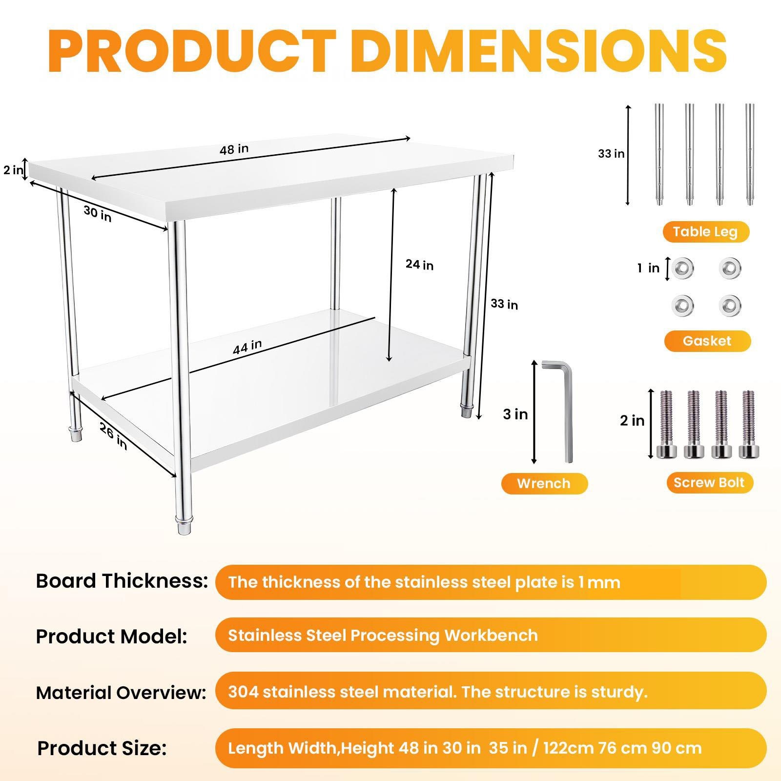 48'' x 30'' Stainless Steel Work Prep Table Station Commercial Kitchen Home
