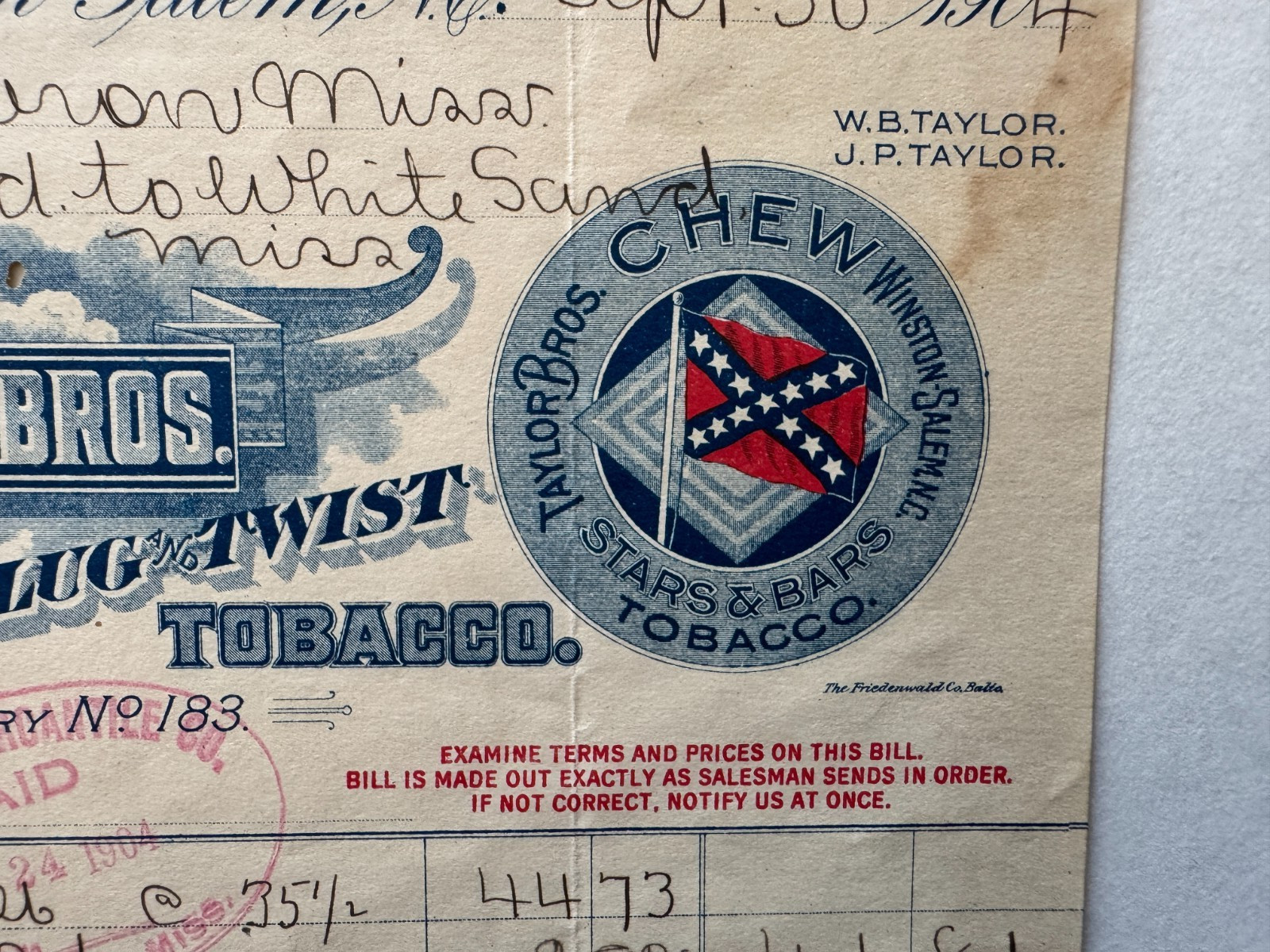 Vintage 1904 Billhead Winston Salem NC Taylor Bros Red Eye Chew Tobacco vignette