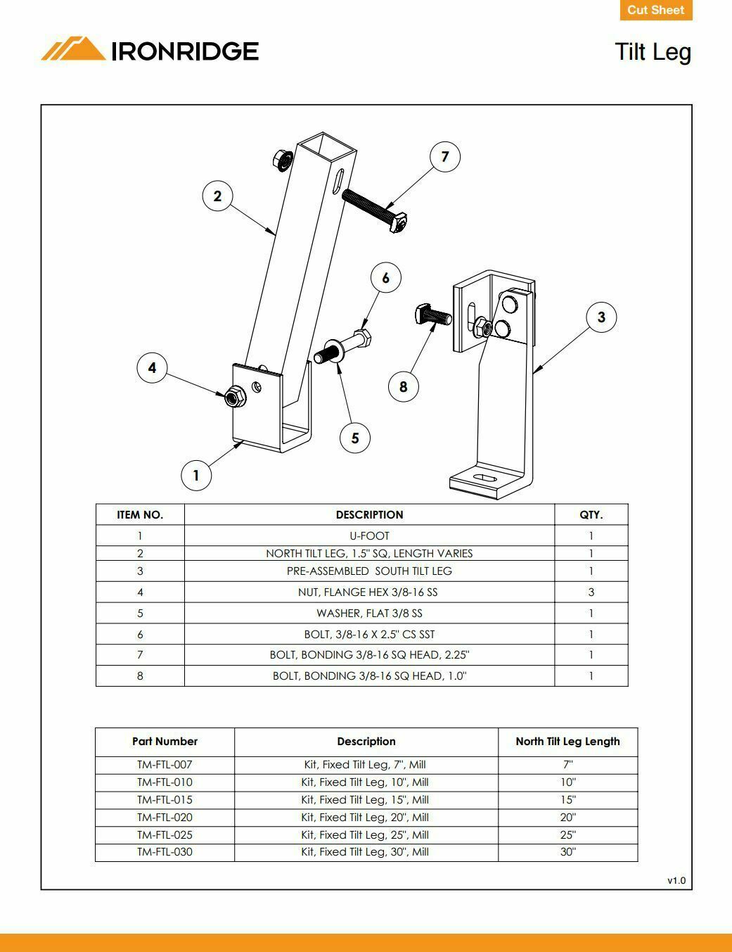 IronRidge TM-FTL-030 Fixed Tilt Leg, Mill 30 Inch