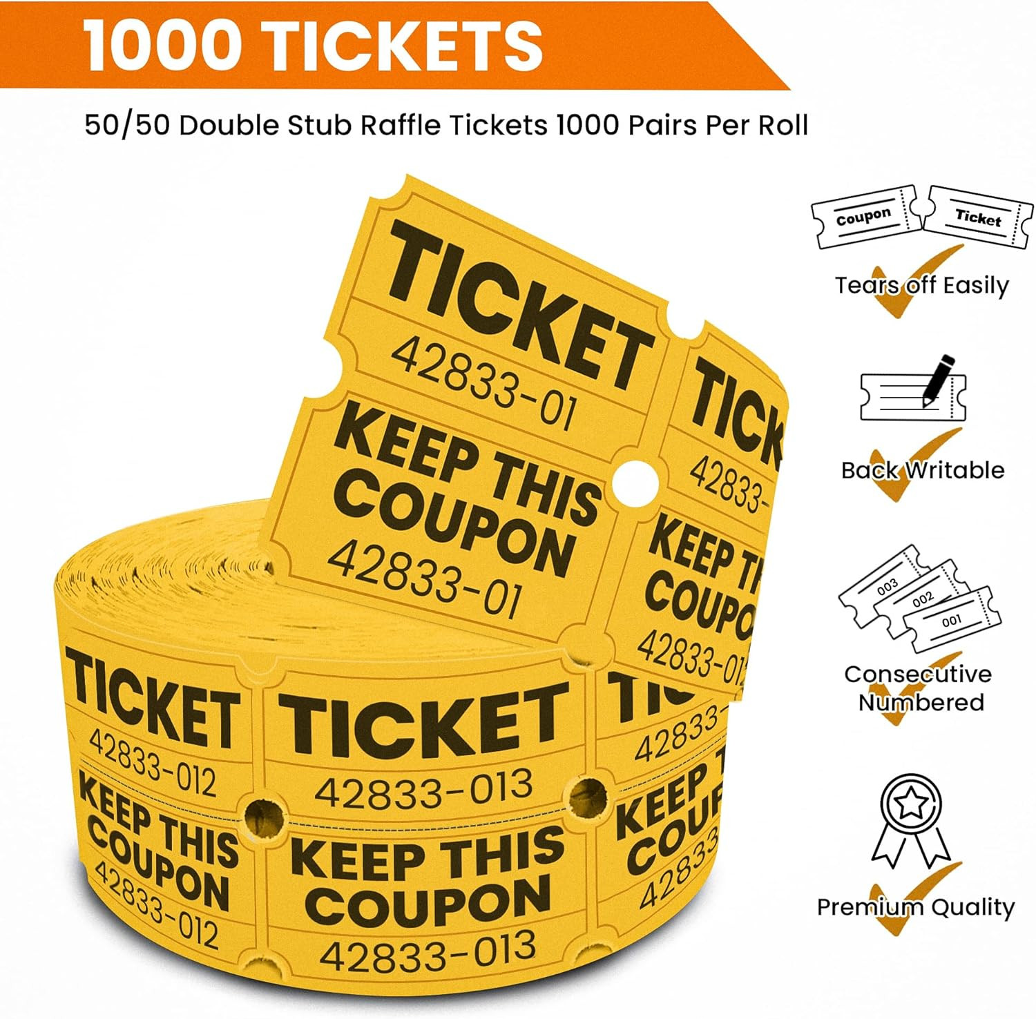 2000 Pcs (1000 Pairs) Raffle Tickets Double Roll, 50/50 Yellow Raffle Tickets fo