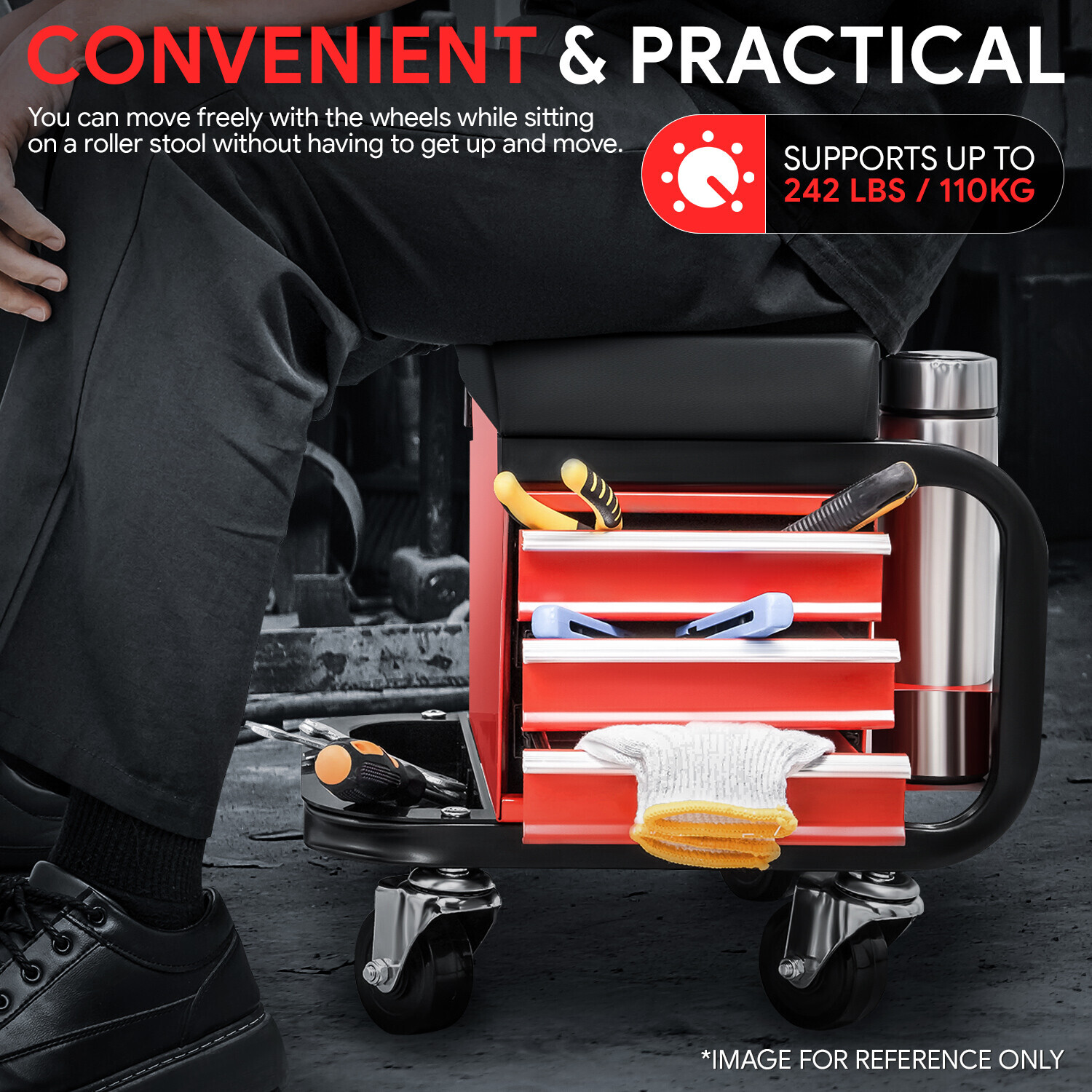 3-Drawer Rolling Creeper Seat Garage Shop Mechanic Stool w/ Tray & Storage Slots