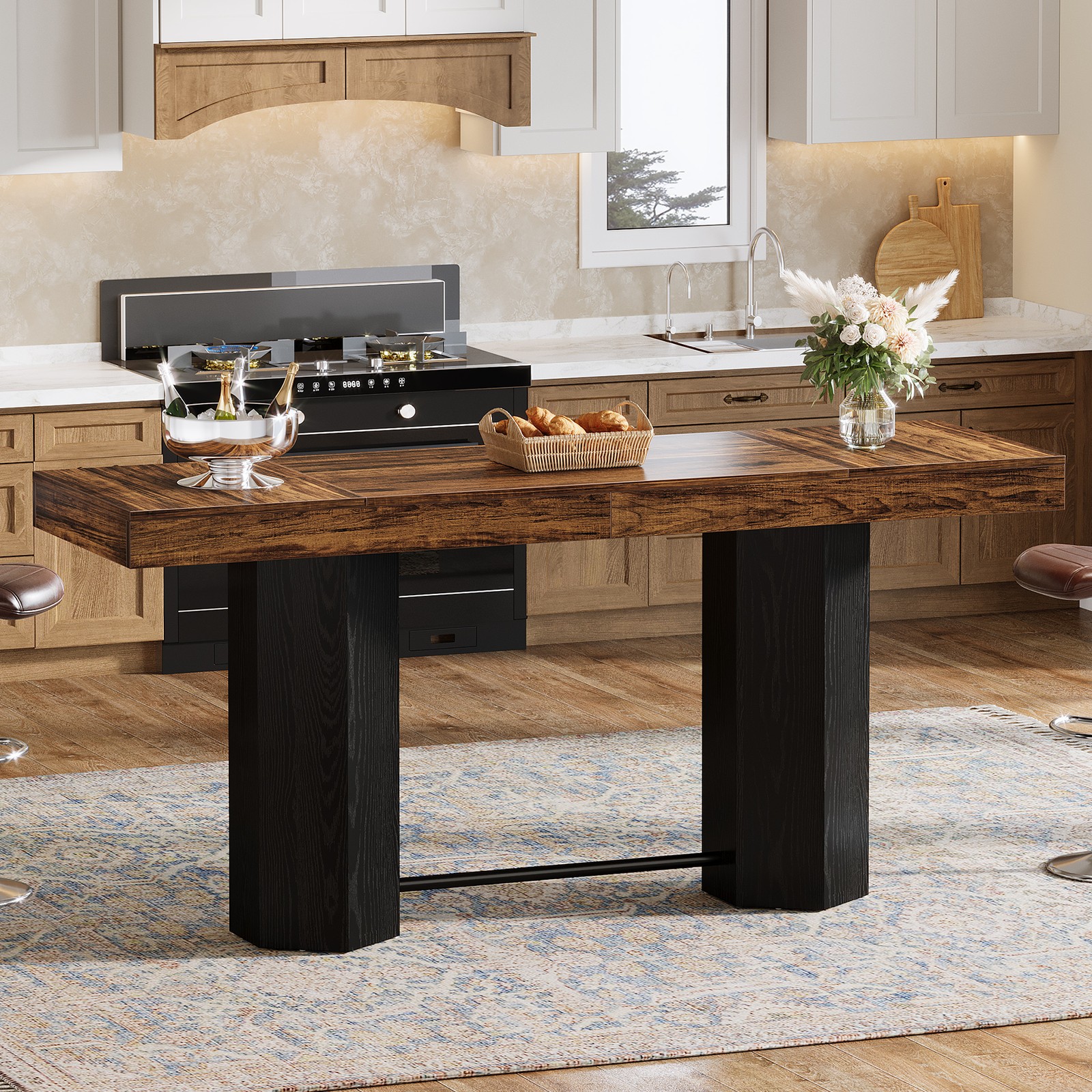 70.9" Extra Long Bar Table, Industrial Counter Height Table with Metal Footrest