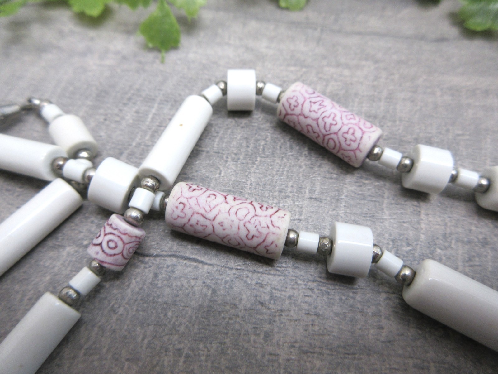 Ceramic Beads Necklace White Pink 24 Inches Native American Inspired Design